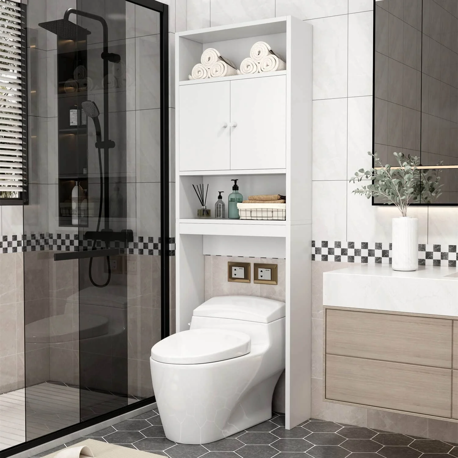 GIVING TREE Over The Toilet Storage Cabinet with Shelf and Double Doors - Image 9