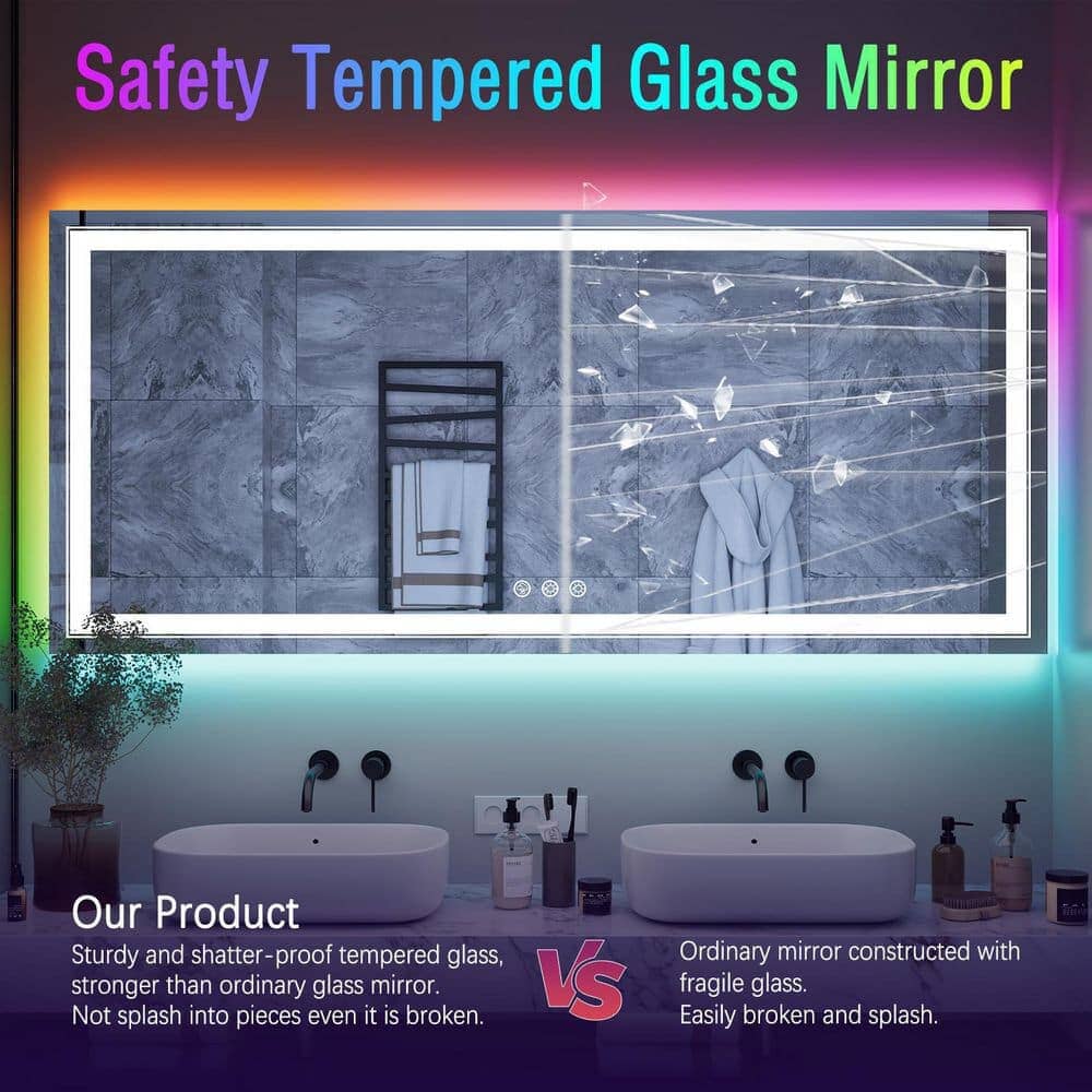 RGB LED Light Bathroom Vanity Mirror Large Rectangular Frameless Anti Fog - Image 17