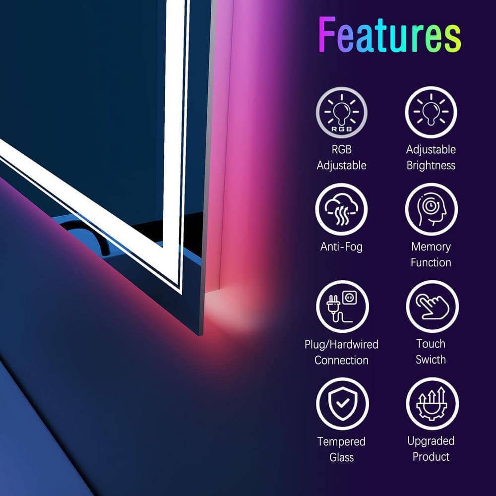 36“/48” RGB LED Light Bathroom Vanity Mirror Rectangular Frameless Anti Fog - Image 16