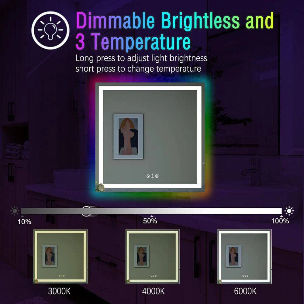 36“/48” RGB LED Light Bathroom Vanity Mirror Rectangular Frameless Anti Fog - Image 29