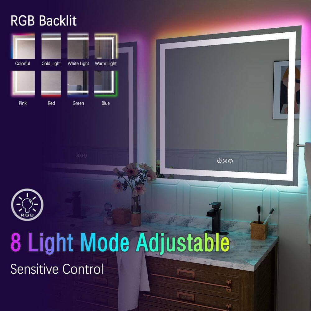 36“/48” RGB LED Light Bathroom Vanity Mirror Rectangular Frameless Anti Fog - Image 30