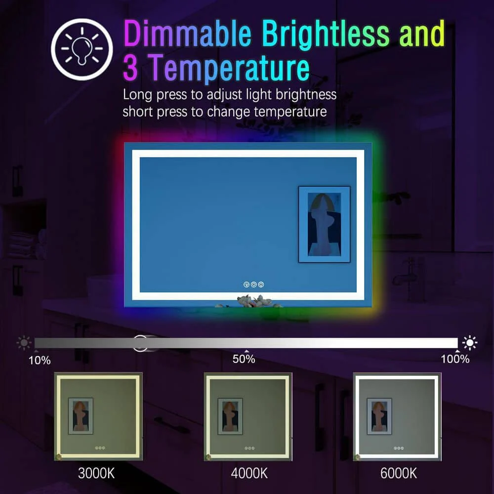36“/48” RGB LED Light Bathroom Vanity Mirror Rectangular Frameless Anti Fog - Image 41