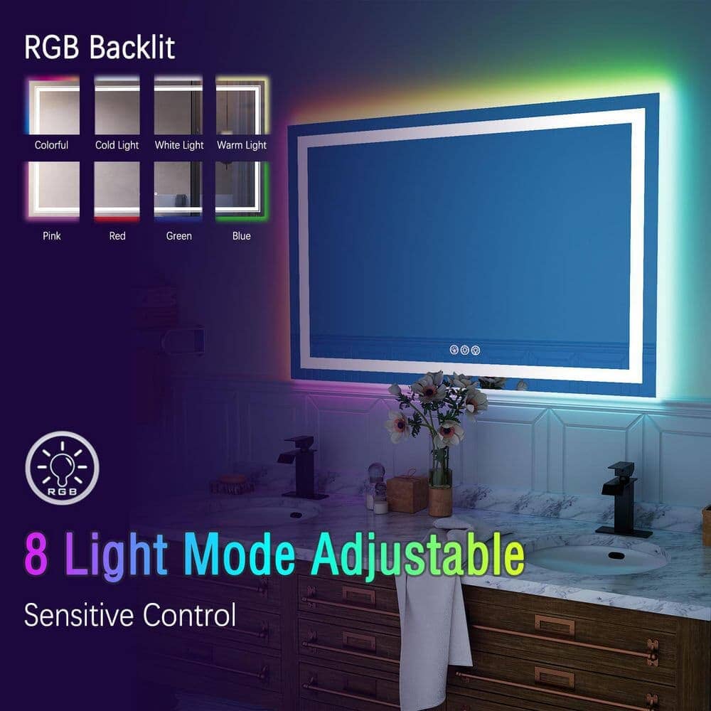 36“/48” RGB LED Light Bathroom Vanity Mirror Rectangular Frameless Anti Fog - Image 42