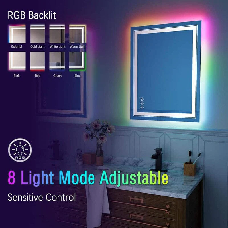 36“/48” RGB LED Light Bathroom Vanity Mirror Rectangular Frameless Anti Fog - Image 7