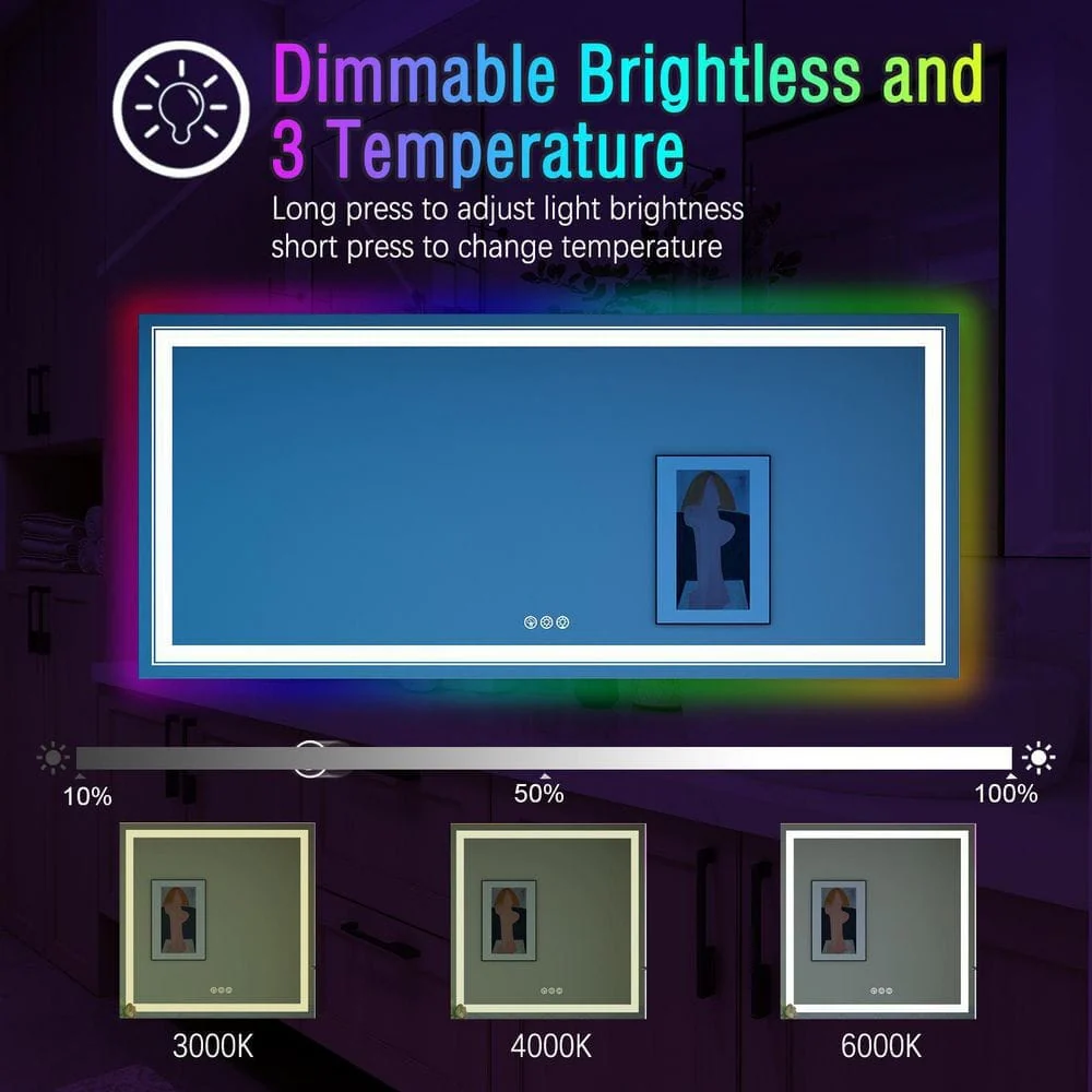 RGB LED Light Bathroom Vanity Mirror Rectangular Frameless Anti Fog - Image 6