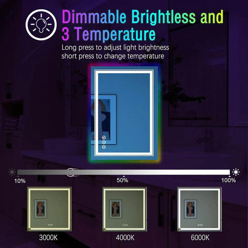 RGB LED Light Bathroom Vanity Mirror Small Rectangular Frameless Anti Fog - Image 6