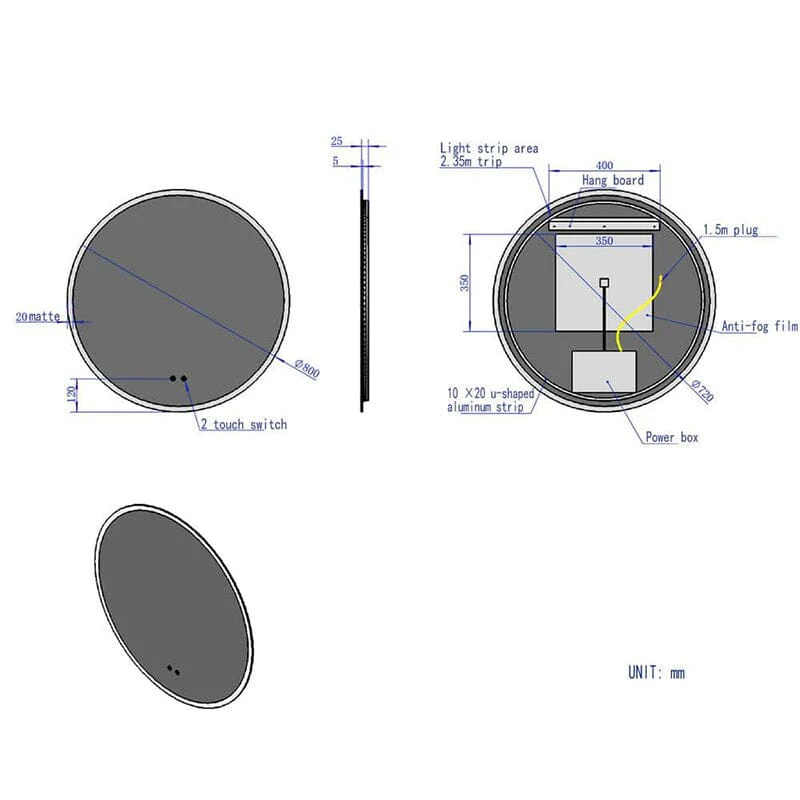 Round LED Light Bathroom Vanity Mirror Wall Mount Frameless Anti Fog - Image 36