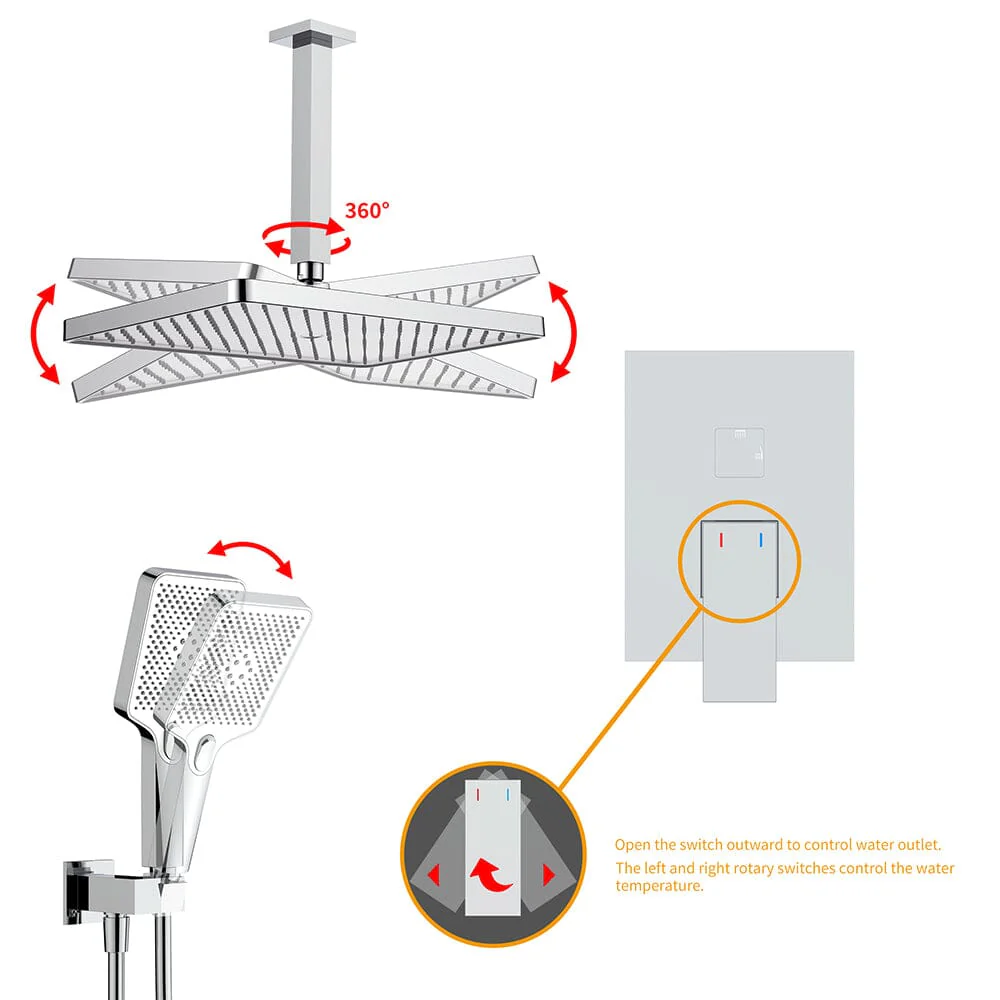 Shower Set 14.2" Rectangular Ceiling Shower Head with 3 Functions Hand Shower - Image 21