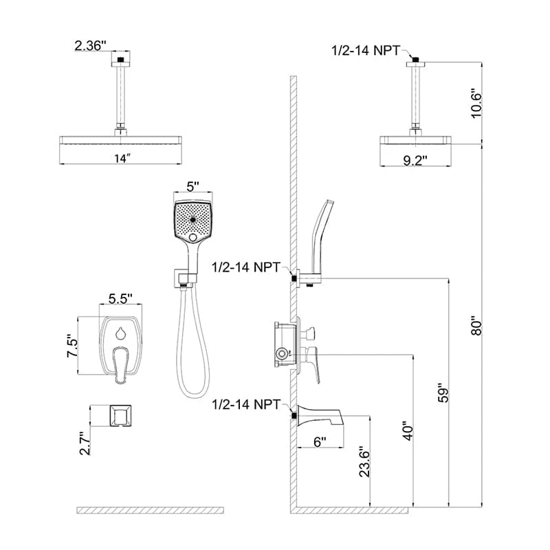 Shower Systems 14" Rectangular Ceiling Shower Head with Hand Shower & Tub Spout - Image 31