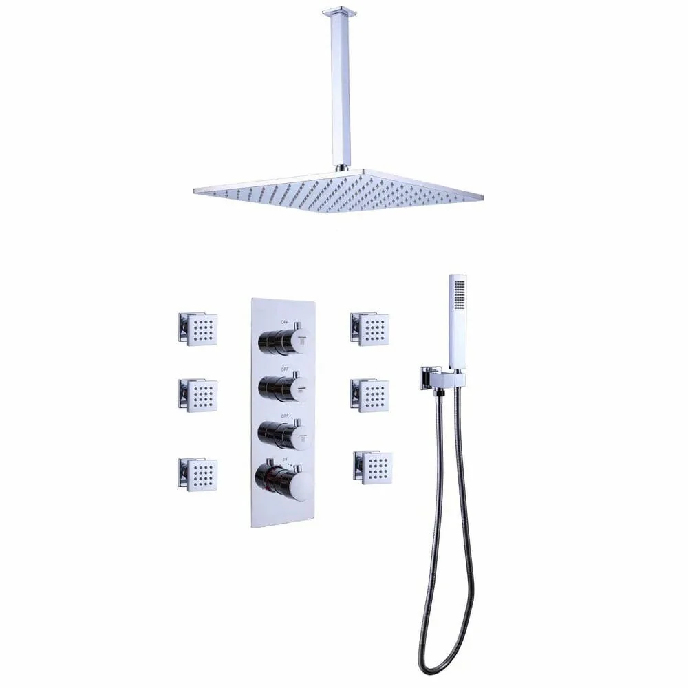 Ceiling Mounted Shower System with 4-Function Thermostatic Shower Valve & Hand Shower & Body Spray Jets - Image 2