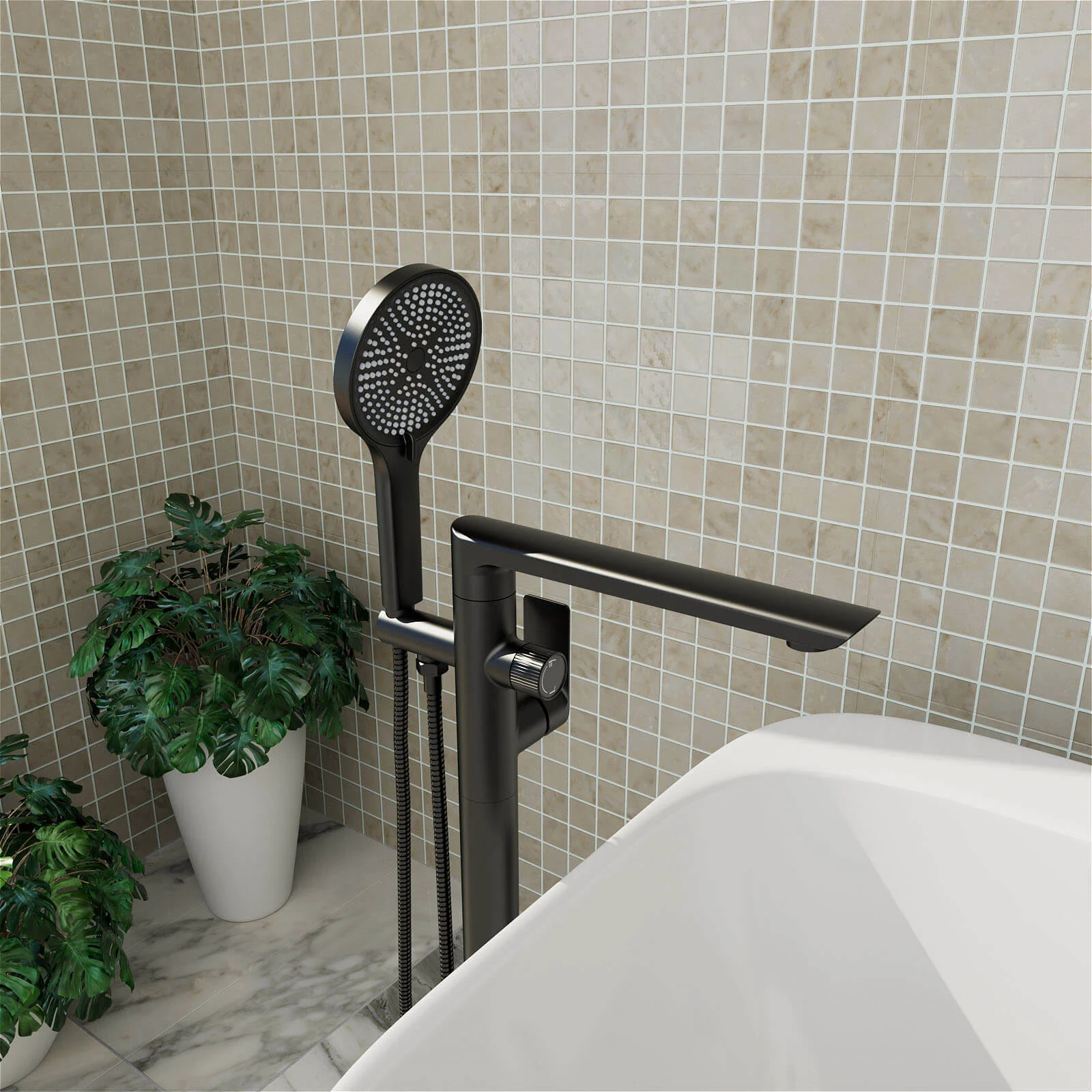 Brass Floor Mount Bathtub Faucet Single Handle Standing Tub Filler with Handheld Shower, 360° Swivel Spout - Image 2
