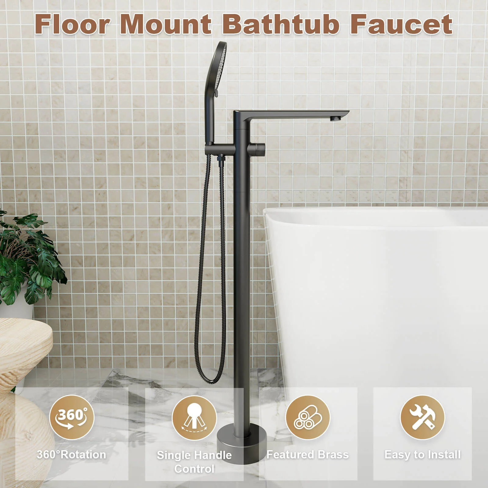 Brass Floor Mount Bathtub Faucet Single Handle Standing Tub Filler with Handheld Shower, 360° Swivel Spout - Image 6