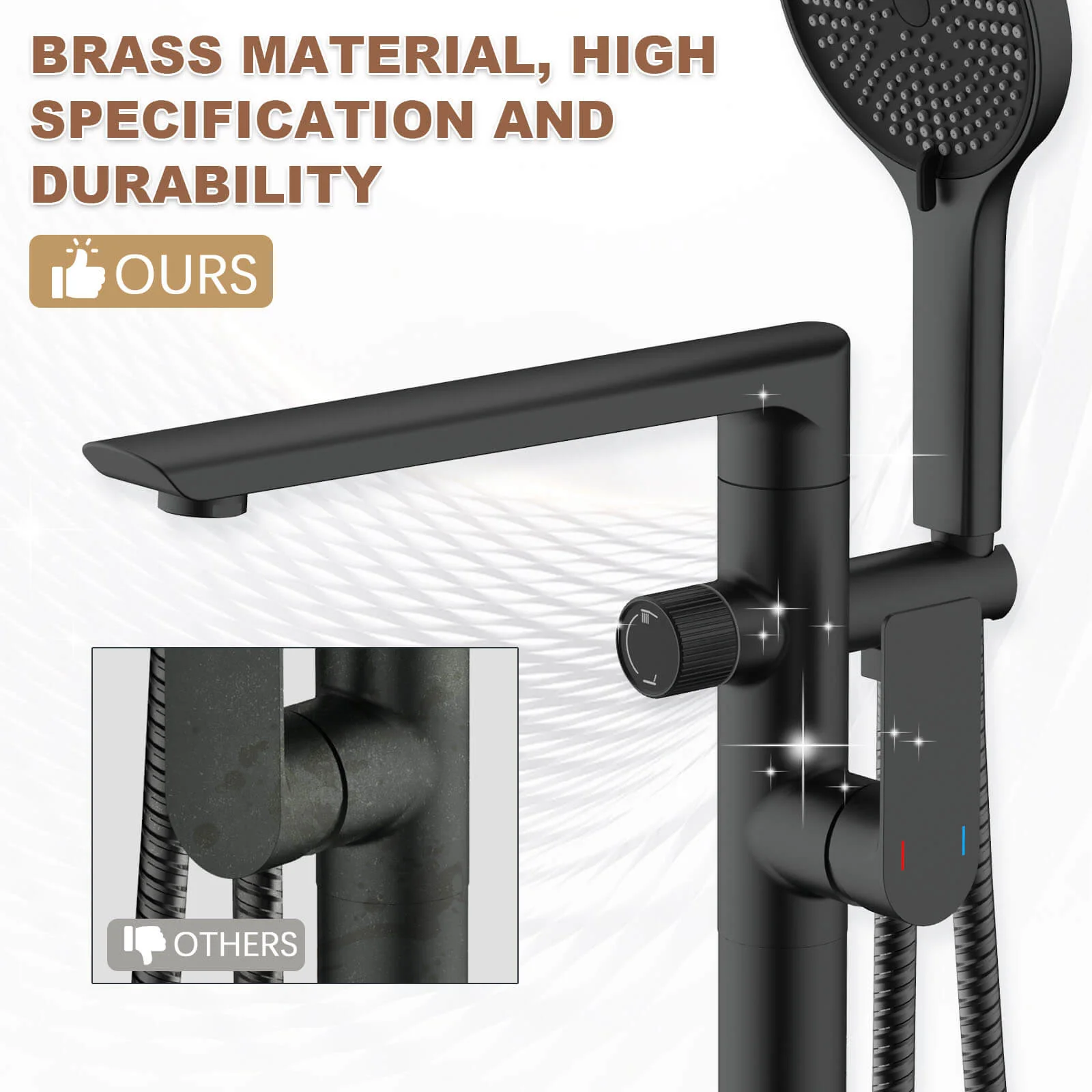 Brass Floor Mount Bathtub Faucet Single Handle Standing Tub Filler with Handheld Shower, 360° Swivel Spout - Image 8