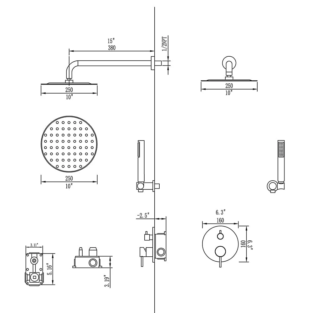 Wall Mounted Shower Faucet Set for Bathroom with 10" Shower Head Brushed Gold - Image 9