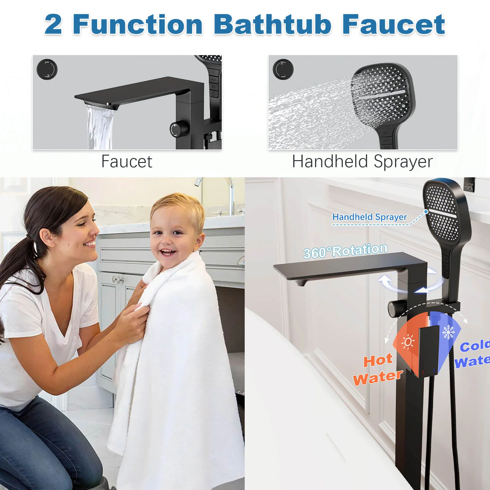 Waterfall Freestanding Bathtub Faucet 360° Swivel Floor Mount Tub Filler with Handheld Sprayer - Image 5