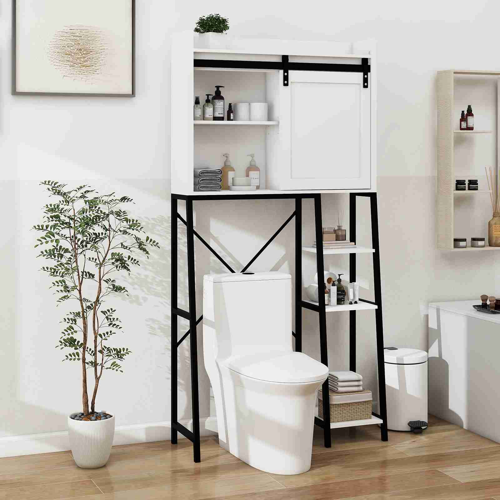 White Bathroom Over Toilet Storage with Sliding Barn Door, Adjustable Shelves, Side Rack - Image 3
