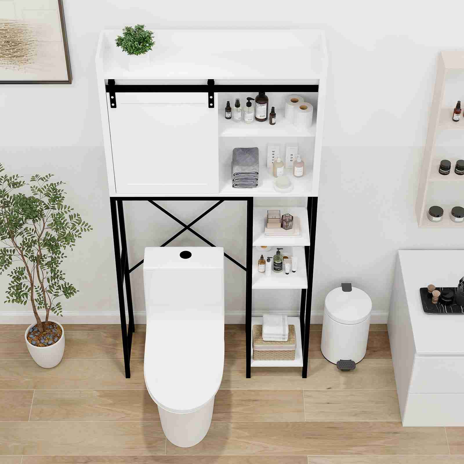 White Bathroom Over Toilet Storage with Sliding Barn Door, Adjustable Shelves, Side Rack - Image 4