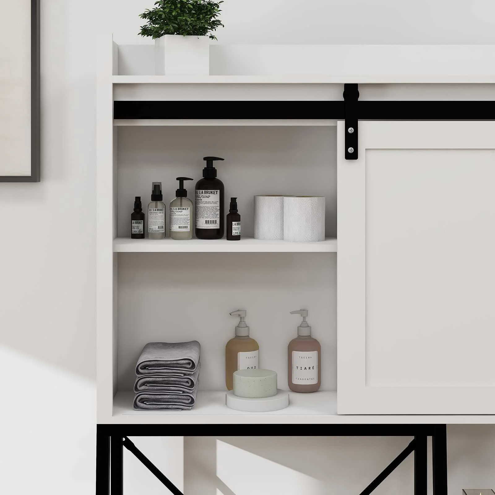 White Bathroom Over Toilet Storage with Sliding Barn Door, Adjustable Shelves, Side Rack - Image 5