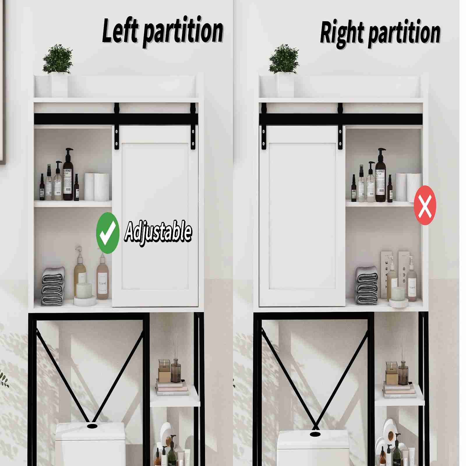 White Bathroom Over Toilet Storage with Sliding Barn Door, Adjustable Shelves, Side Rack - Image 6