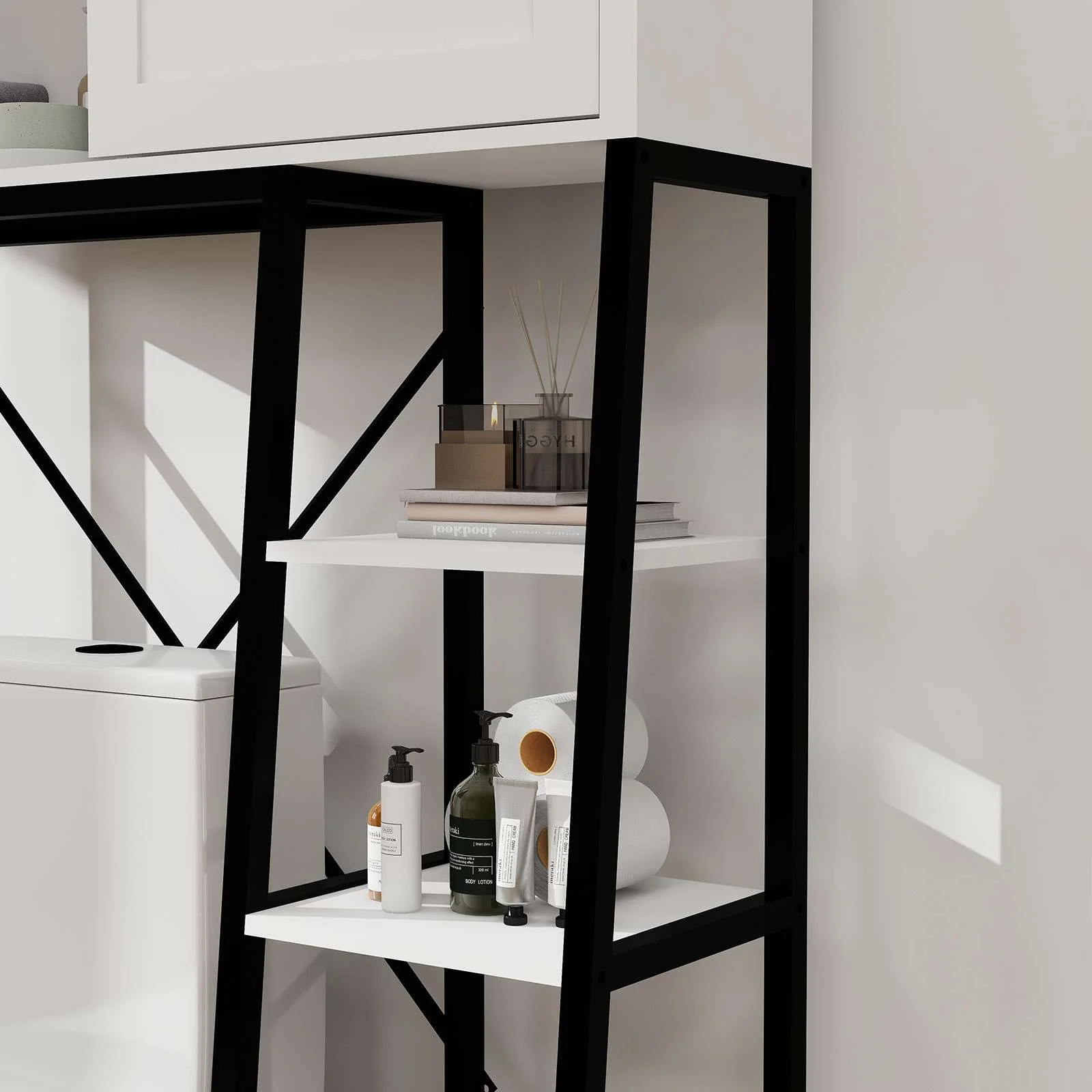 White Bathroom Over Toilet Storage with Sliding Barn Door, Adjustable Shelves, Side Rack - Image 7