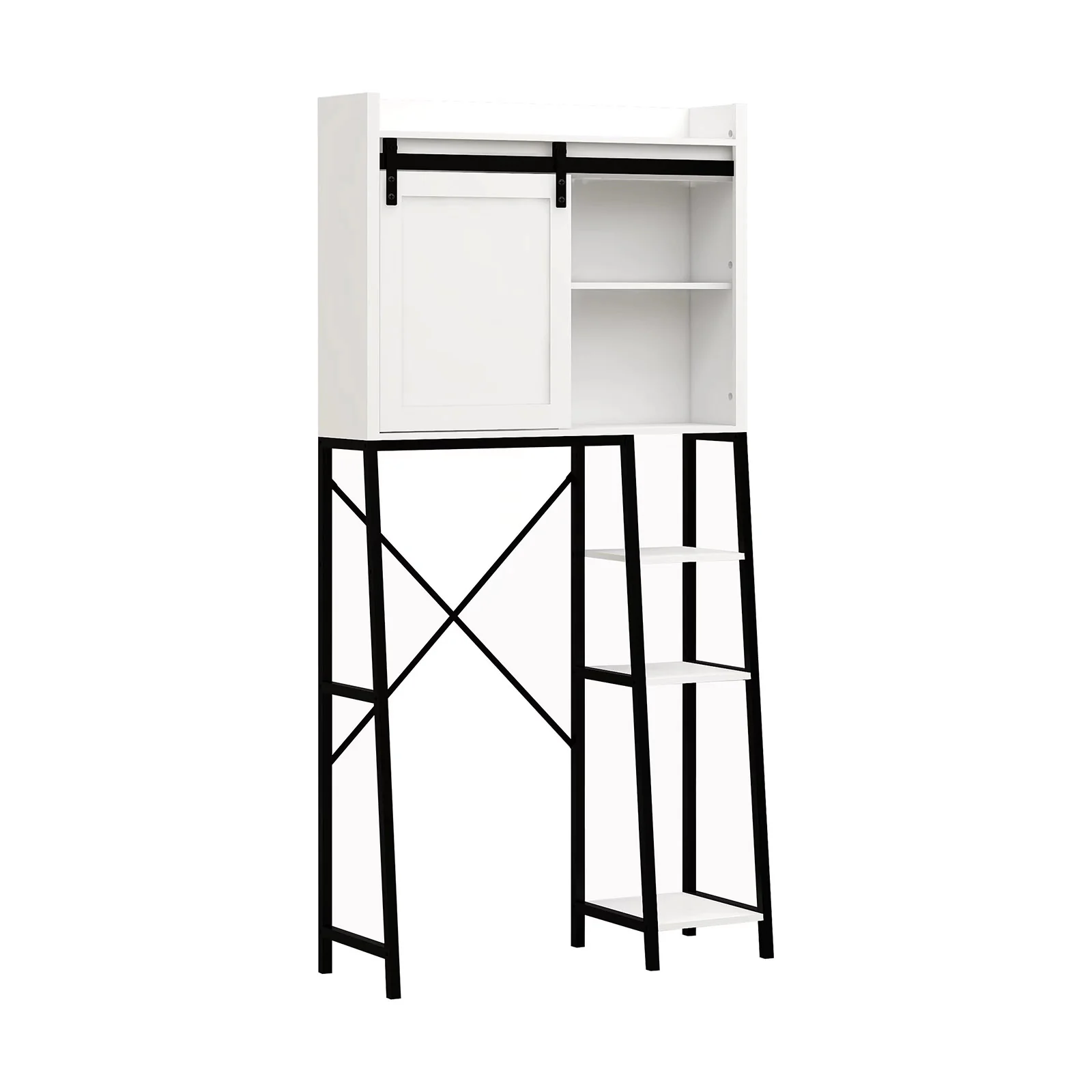 White Bathroom Over Toilet Storage with Sliding Barn Door, Adjustable Shelves, Side Rack - Image 8