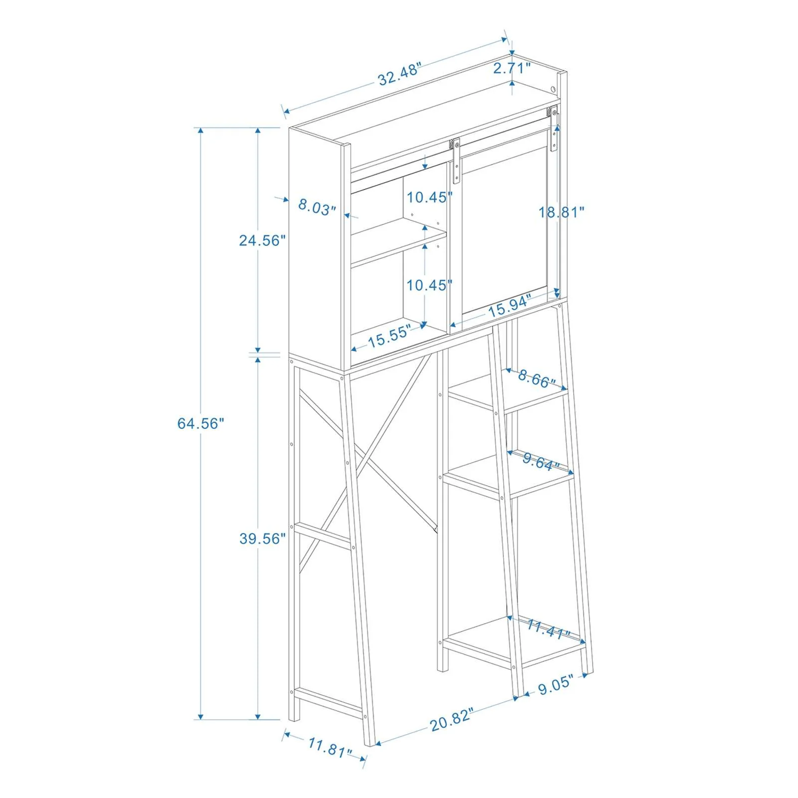 White Bathroom Over Toilet Storage with Sliding Barn Door, Adjustable Shelves, Side Rack - Image 9