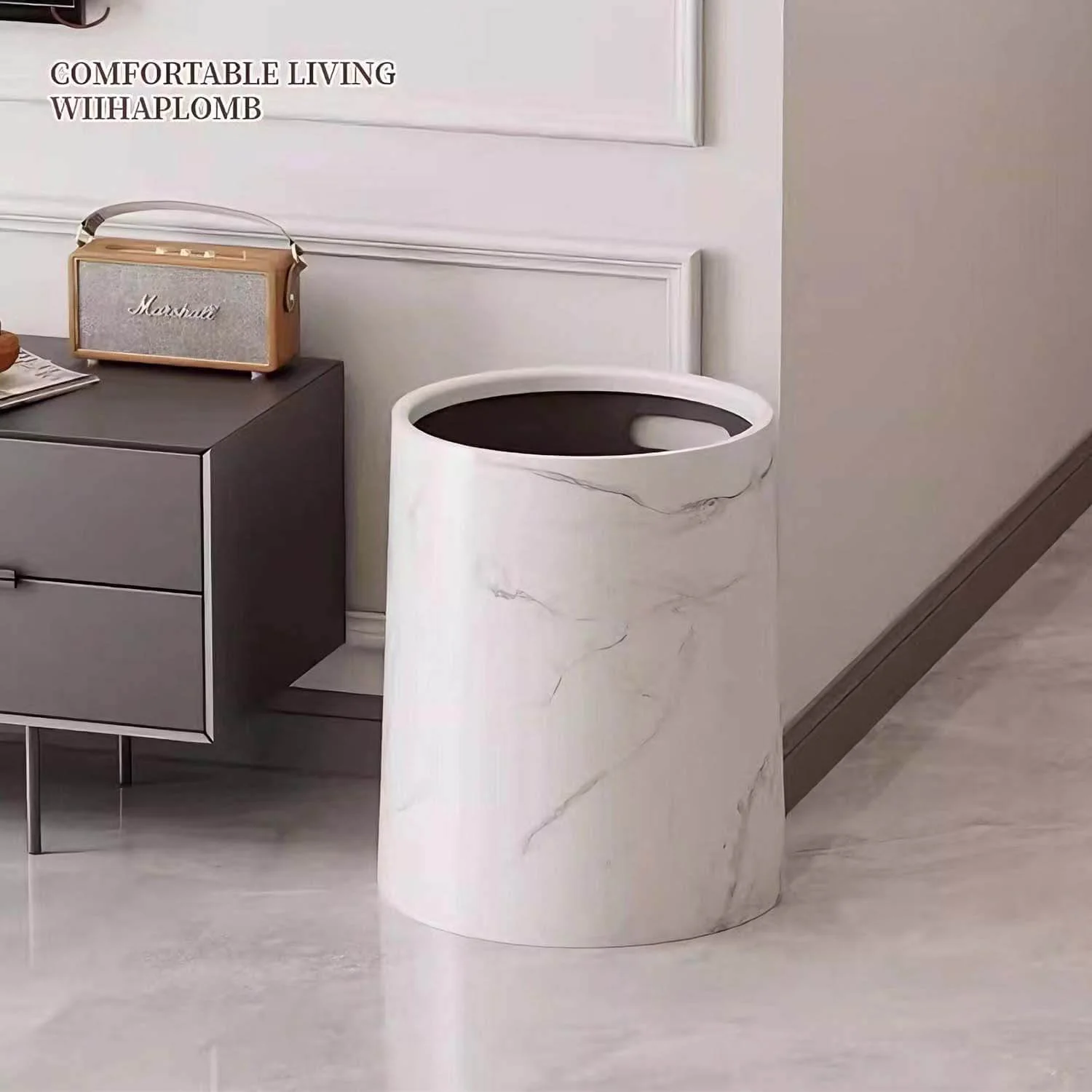 White Marble Double-Layer Trash Can with Lid for Bathroom and Kitchen - Image 3