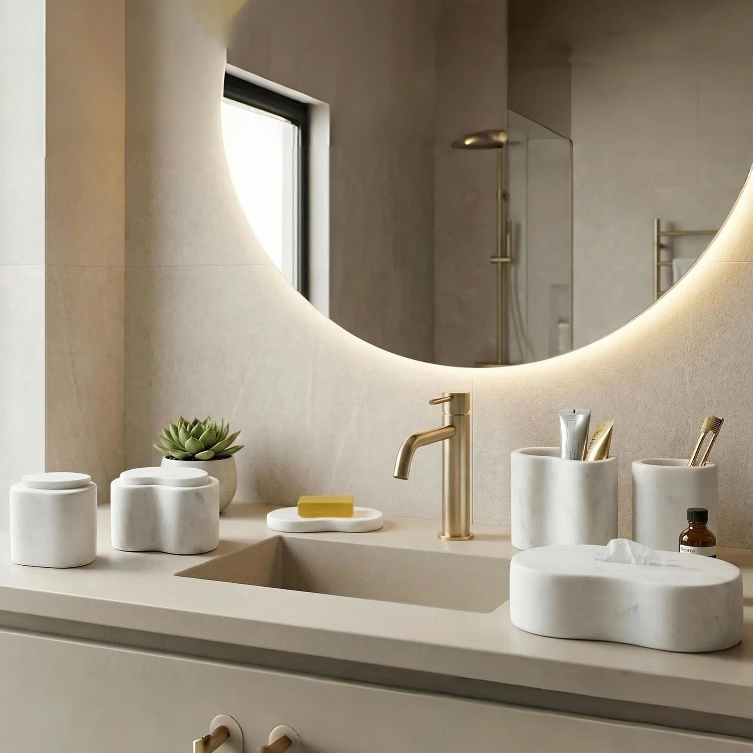 White Natural Marble 6-Piece Bath Accessories Set, Modern Bathroom Decor - Image 2
