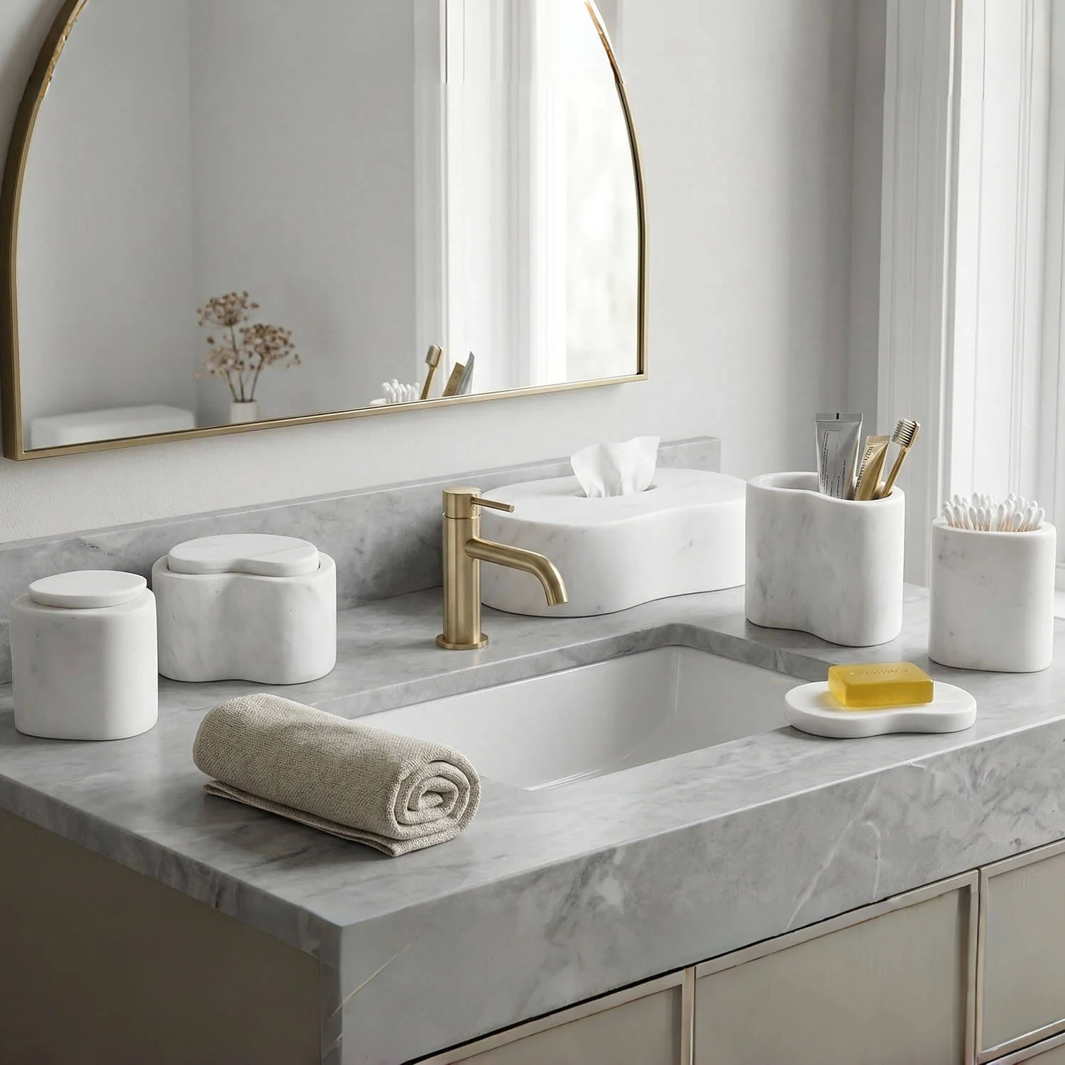 White Natural Marble 6-Piece Bath Accessories Set, Modern Bathroom Decor - Image 3