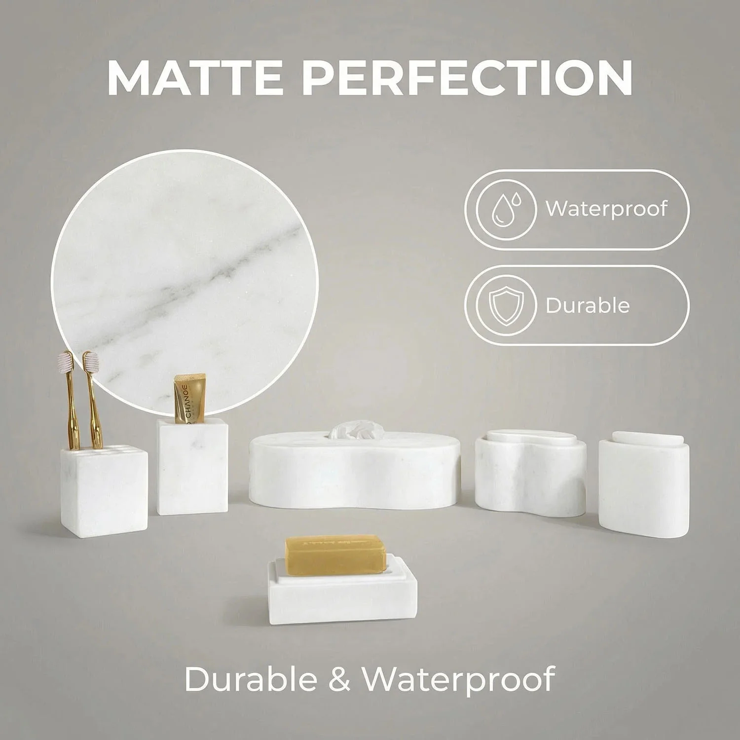 White Natural Marble 6-Piece Bathroom Accessories Set, Natural Stone - Image 5