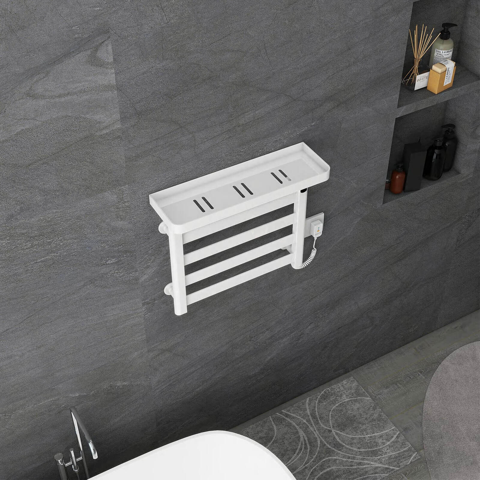 White Heated Towel Warmer, Wall Mounted Plug-In Electric Towel Rack for Bathroom with Smart Timer - Image 4