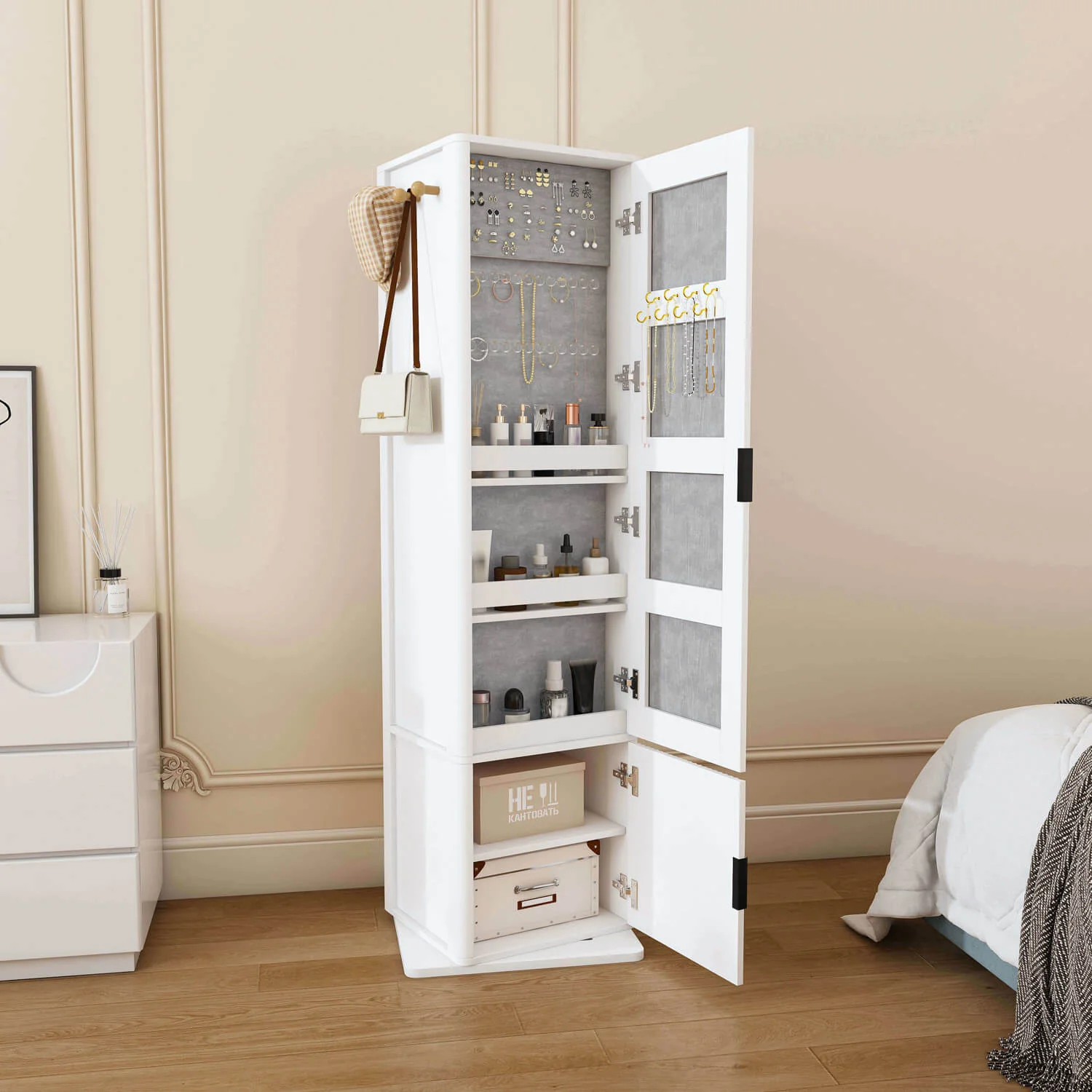 360° White Rotating Makeup Jewelry Cabinet with Full Length Mirror & Coat Rack - Image 3