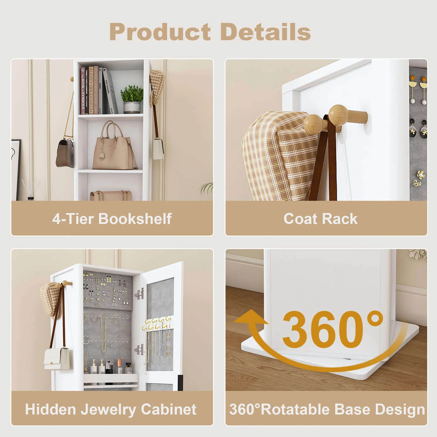 360° White Rotating Makeup Jewelry Cabinet with Full Length Mirror & Coat Rack - Image 7