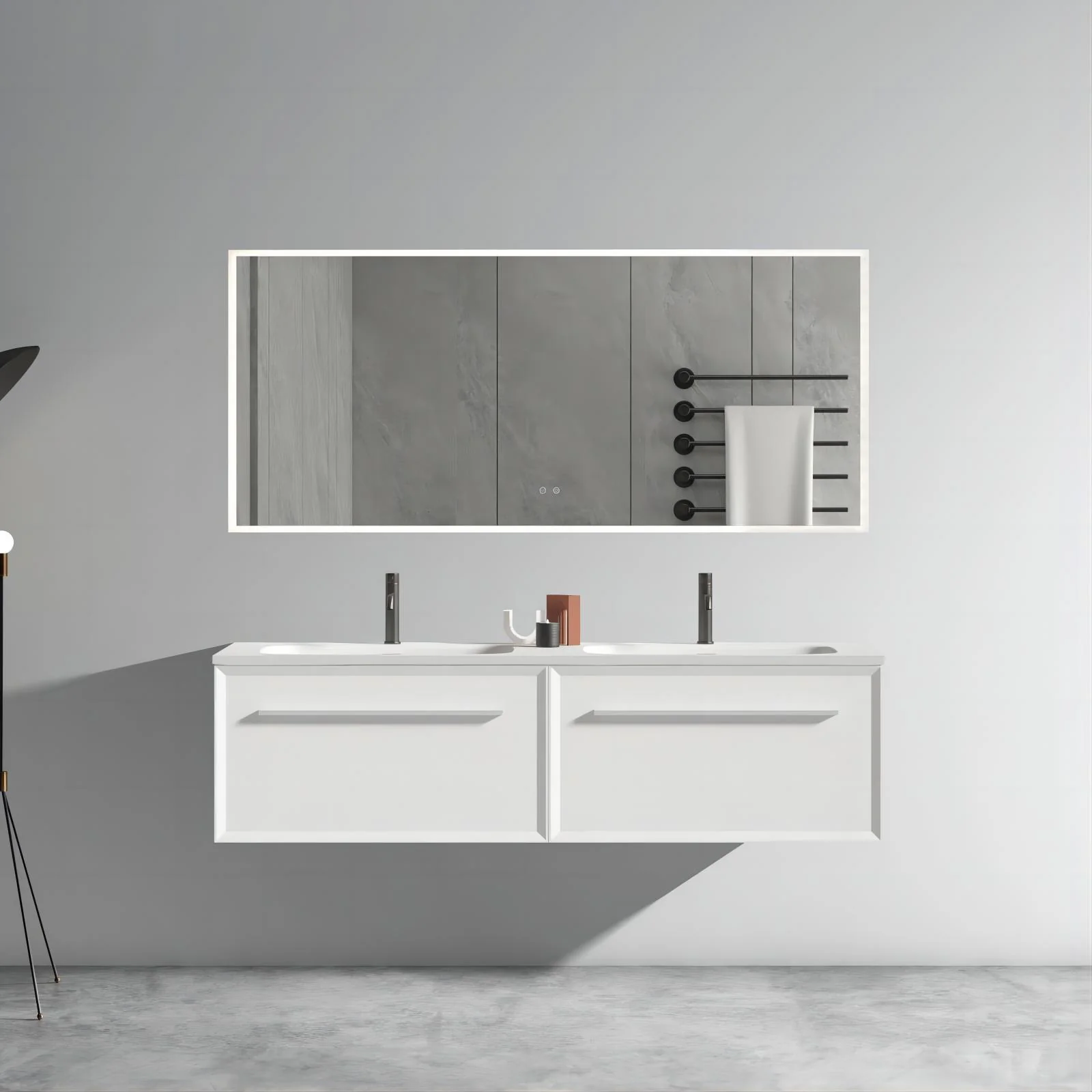 60" Wall Mounted Bathroom Storage Vanity with Double Undermount Sink & LED - Image 8